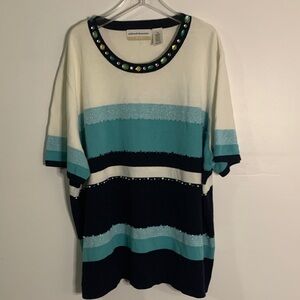 Alfred Dunner Teal and Navy Striped Short Sleeve Top